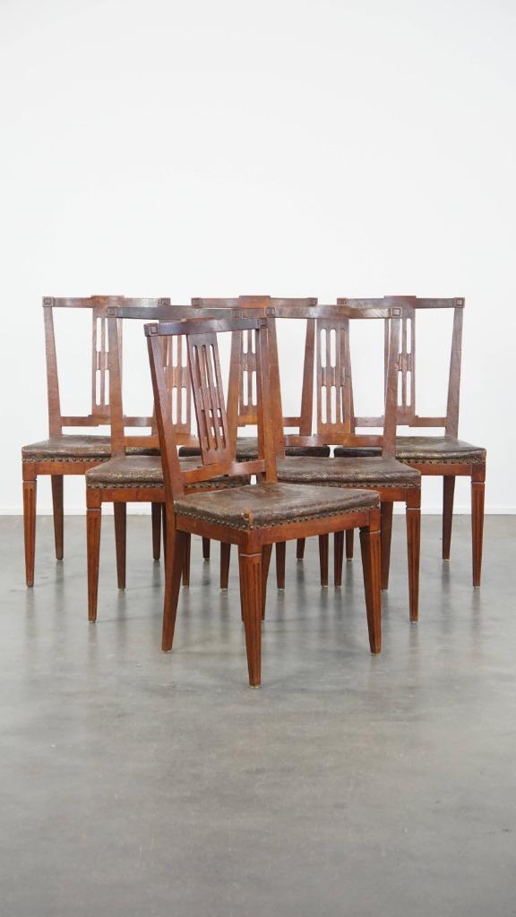 Set van 6 originele antieke Hollandse leren eetkamerstoelen, Huis en Inrichting, Stoelen, Gebruikt, Vijf, Zes of meer stoelen