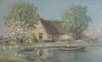 ZOMERSE BOERDERIJ MET BLOESEMBOMEN AAN WATER🖌WILLEM PASMAN, Antiek en Kunst, Ophalen of Verzenden