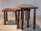 Vintage eiken houten bijzettafeltjes brutalist set tafeltje, Minder dan 55 cm, Gebruikt, ., .