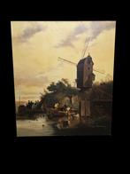 Schilderij  Rivierlandschap met molen.Gesign., Antiek en Kunst, Ophalen of Verzenden