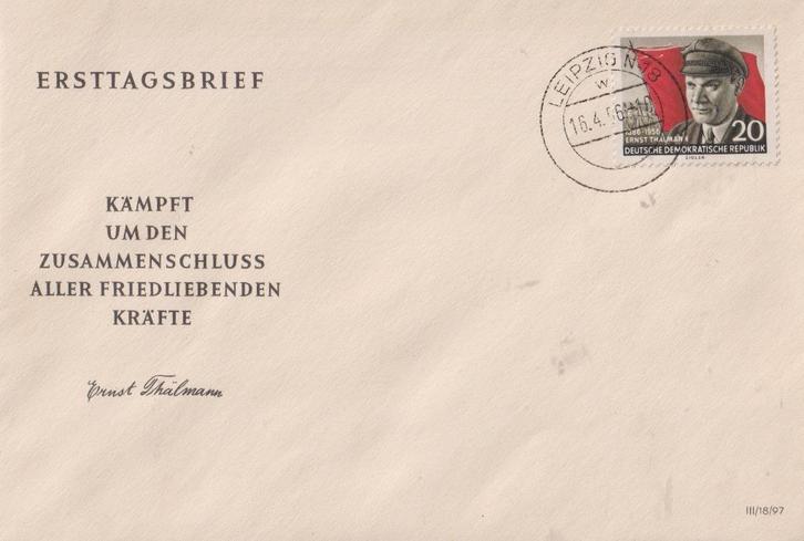 DDR 1956 V37 Herdenking Ernst Thalmann, Postzegels en Munten, Postzegels | Eerstedagenveloppen, Onbeschreven, Europa, Ophalen of Verzenden