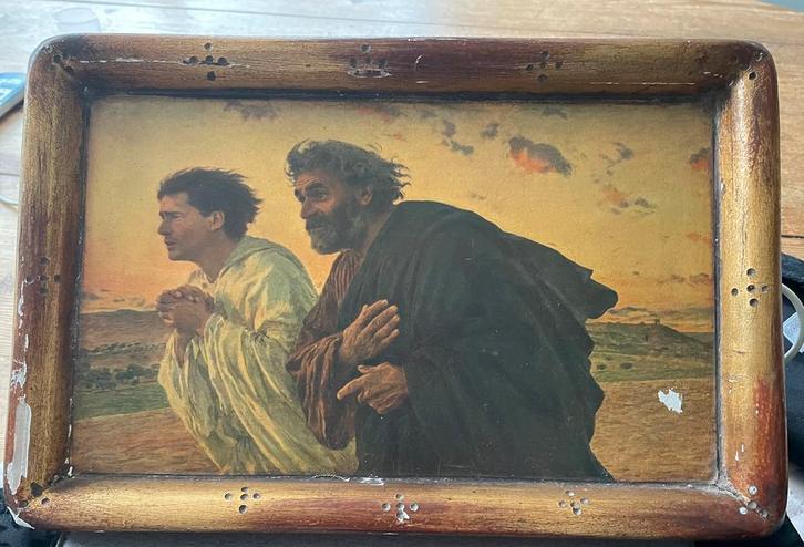 Oud schilderij op hout dicipelen Johannes en Petrus, Antiek en Kunst, Kunst | Schilderijen | Klassiek, Ophalen of Verzenden
