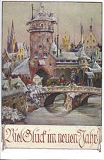 Antiek*Kerst*Nieuwjaar*Stad*Brocante*sneeuw*Mooi, Ophalen of Verzenden, Voor 1920, Ongelopen, Feest(dag)