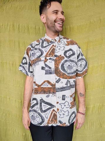 Vintage overhemd / shirt / print / beige / bruin / large / L beschikbaar voor biedingen