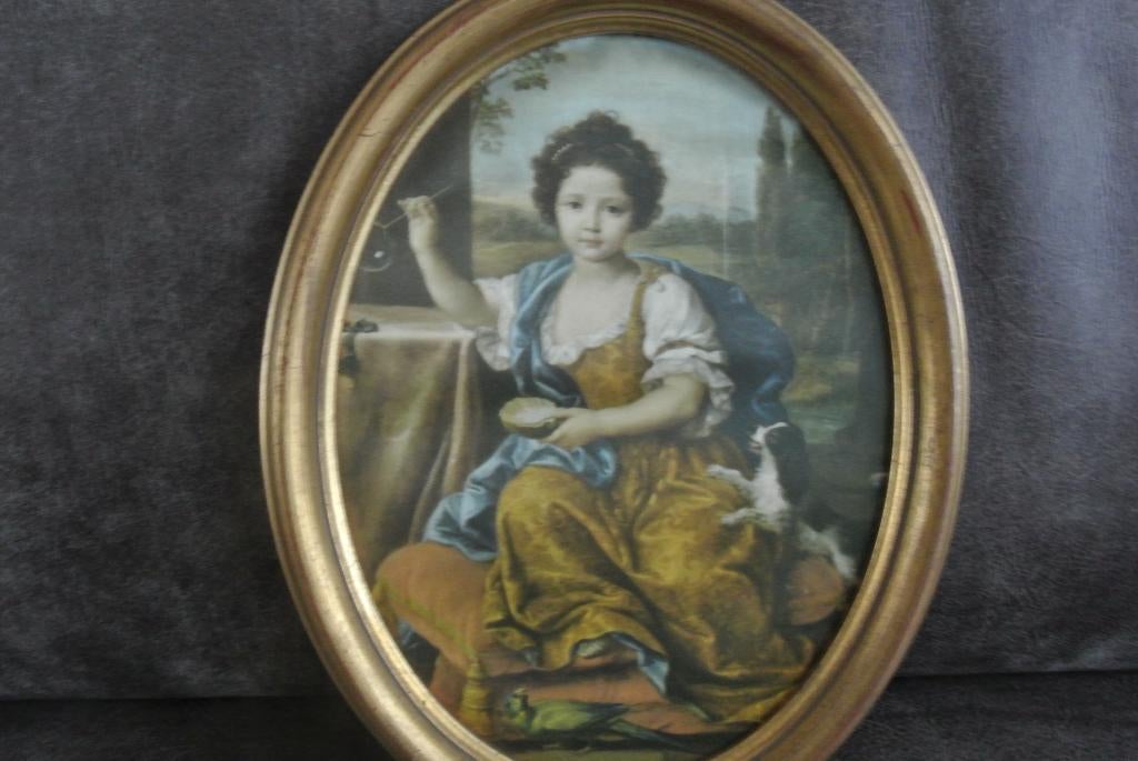 Ovale houten lijst met prent op zijde, Antiek en Kunst, Curiosa en Brocante, Ophalen