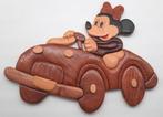 Vintage Minnie Mouse in auto houten intarsia wanddecoratie, Ophalen of Verzenden, Overige figuren, Zo goed als nieuw, Beeldje of Figuurtje
