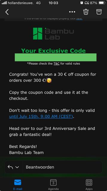 €30 korting bambulab code beschikbaar voor biedingen
