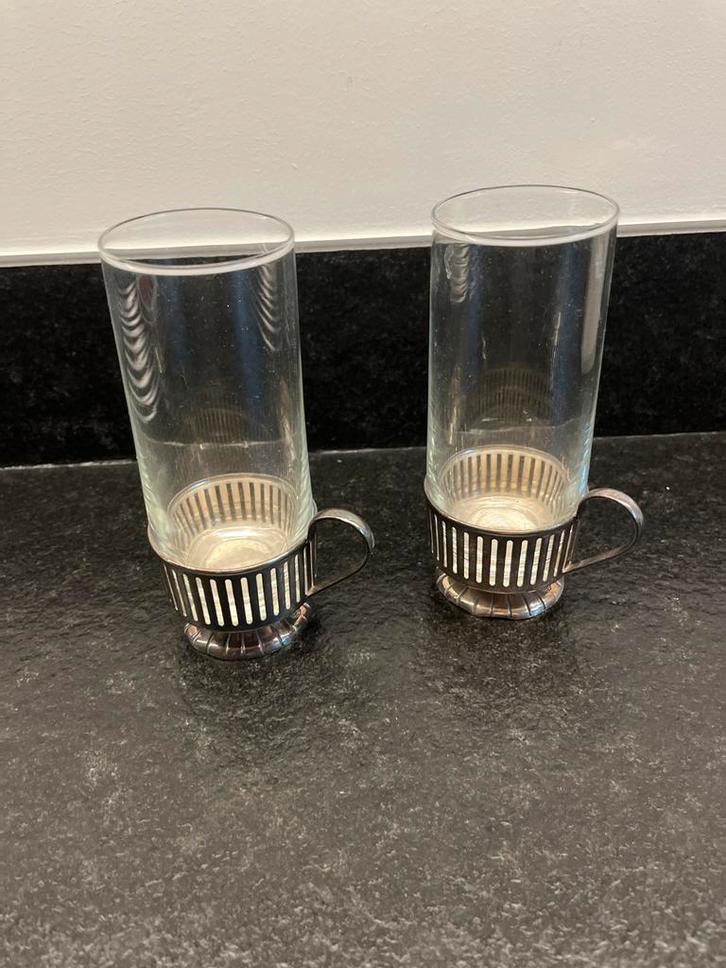 Vintage theeglazen met zilveren houders, Antiek en Kunst, Antiek | Glas en Kristal, Ophalen of Verzenden