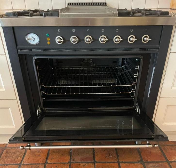 Boretti antraciet 90 cm gasfornuis/oven met frytop/bakplaat, Witgoed en Apparatuur, Fornuizen, Gebruikt, Vrijstaand, Gas, 5 kookzones of meer