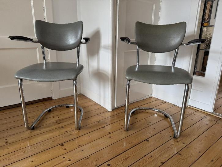 Eetkamerstoelen van Gebroeders De Wit model 3011 (set van 2), Huis en Inrichting, Stoelen, Gebruikt, Twee, Grijs, Ophalen