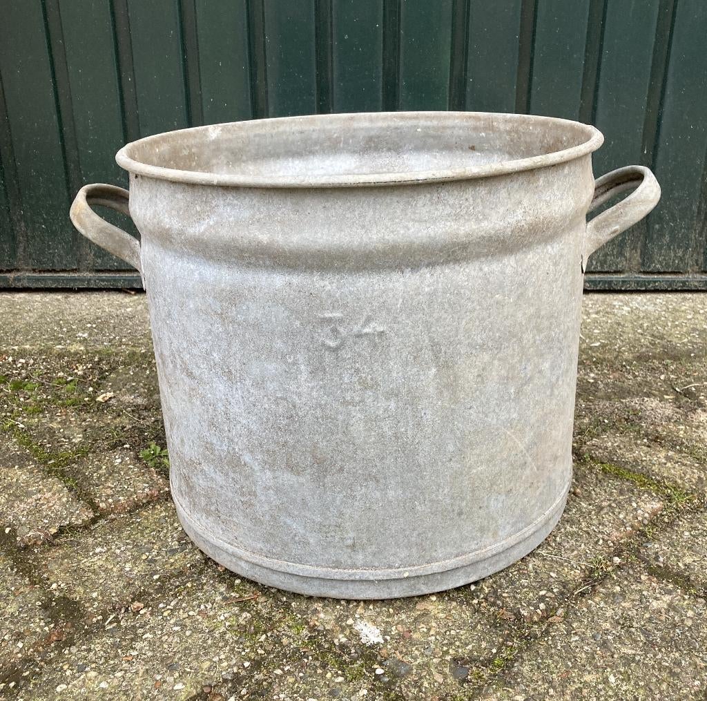 Brocante zinken ton - ketel - grote emmer met oren, Antiek en Kunst, Curiosa en Brocante, Ophalen of Verzenden