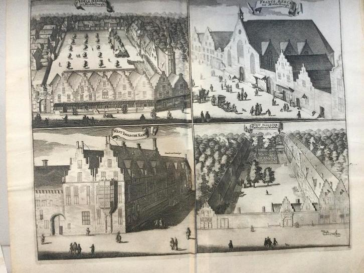Middelburg, vier oude gebouwen, 1696, Antiek en Kunst, Kunst | Etsen en Gravures, Verzenden
