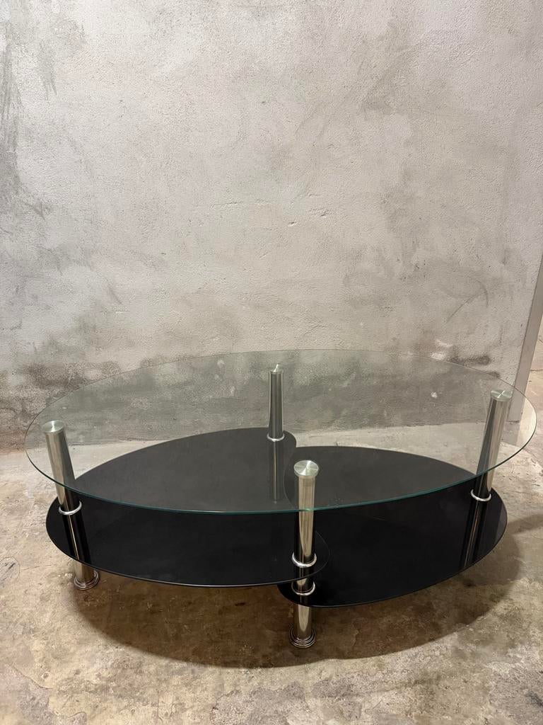 Glazen salontafel met 2 plateaus, Huis en Inrichting, Tafels | Salontafels, Ophalen, Gebruikt, 100 tot 150 cm, 50 tot 100 cm