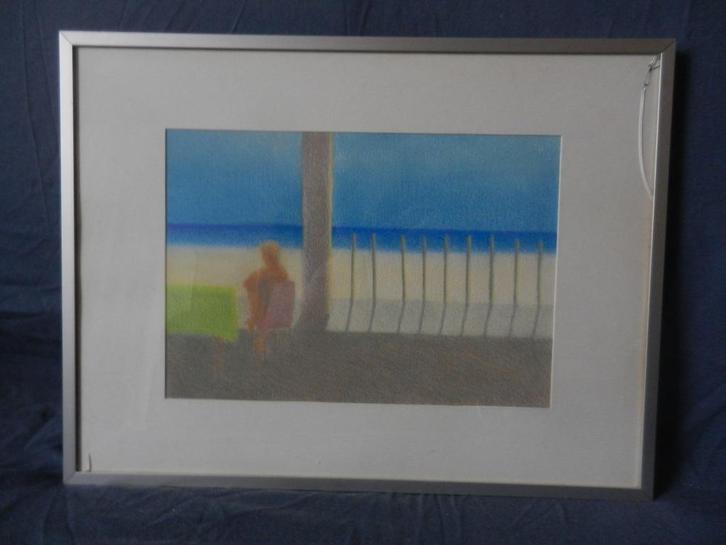 Pastelpotlood tekening Strandgezicht Jacqueline Ravelli 1981, Antiek en Kunst, Kunst | Tekeningen en Foto's, Ophalen of Verzenden