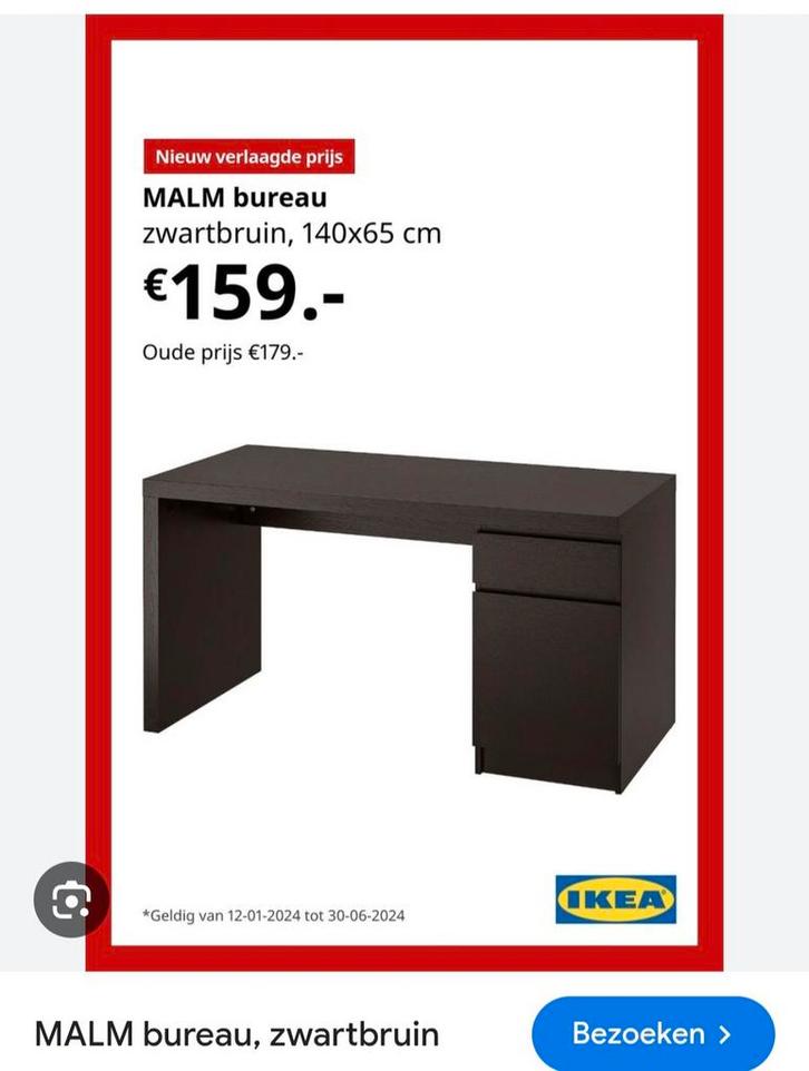 2 stuks bureau Malm Ikea zwartbruin met kastblok, Huis en Inrichting, Bureaus, Gebruikt, Bureau, Ophalen