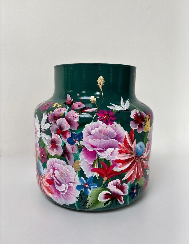 Vaas 'Petrol Flower", Huis en Inrichting, Woonaccessoires | Vazen, Nieuw, Groen, Minder dan 50 cm, Glas, Ophalen of Verzenden