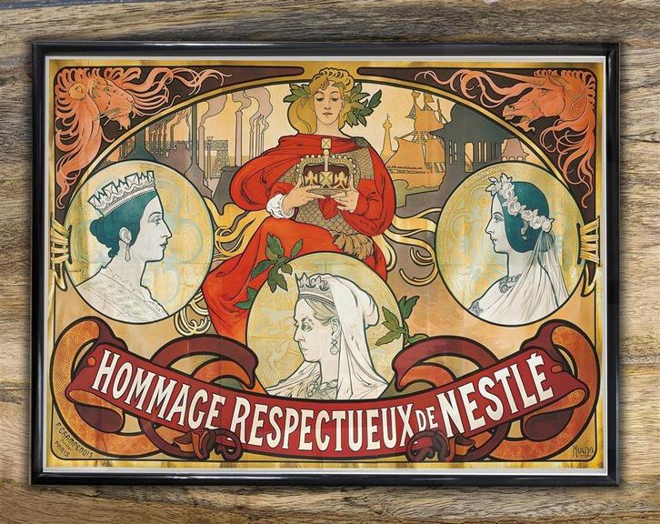ALPHONSE MUCHA Art Nouveau Nestle Poster in Lijst, Antiek en Kunst, Kunst | Tekeningen en Foto's, Verzenden