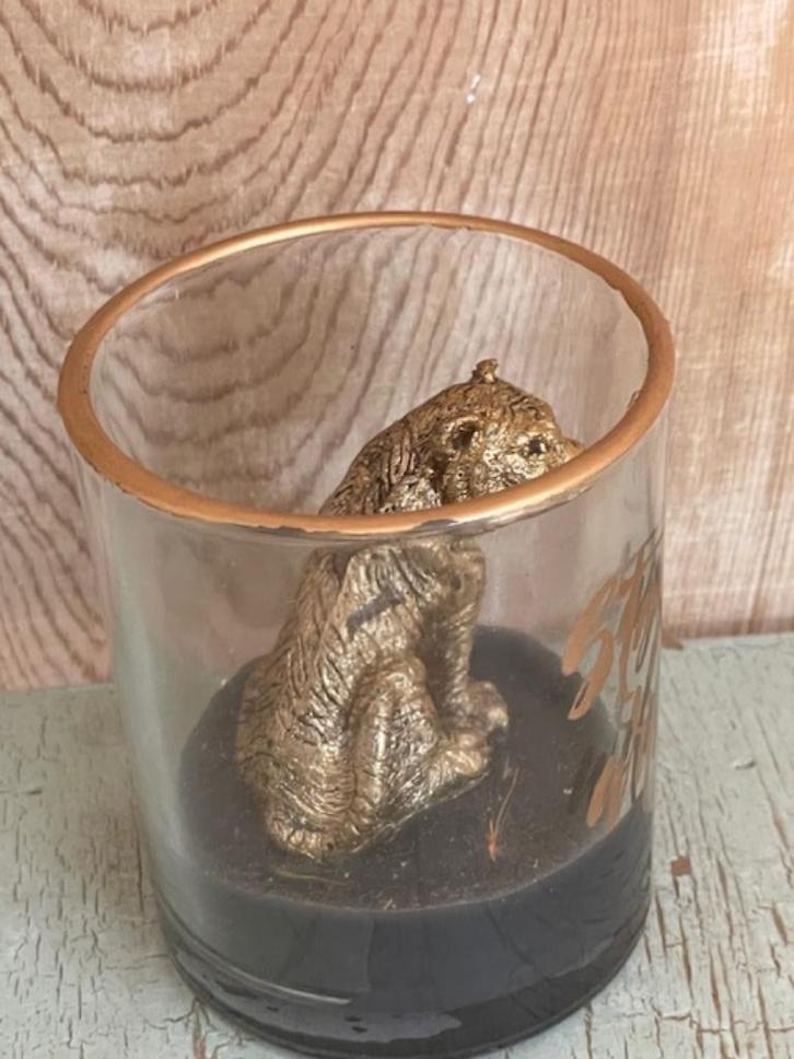 4 x kaars in glaasje. Cheetah / luipaard van goud. NIEUW., Huis en Inrichting, Woonaccessoires | Kandelaars en Kaarsen, Nieuw