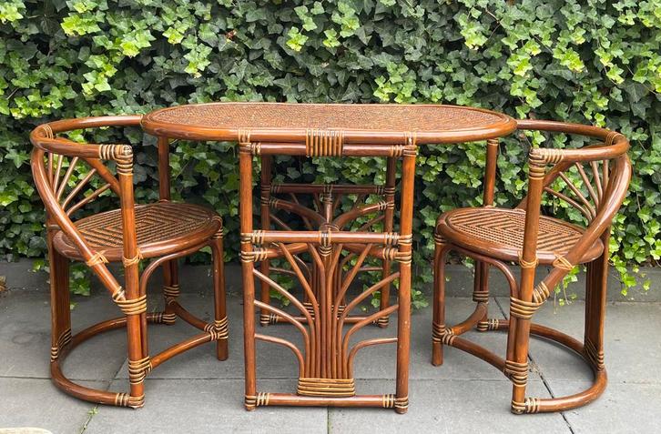 Vintage Rotan Bamboe Stoelen Tafel Bistro-Set Eethoek Stoel, Huis en Inrichting, Stoelen, Zo goed als nieuw, Twee, Riet of Rotan