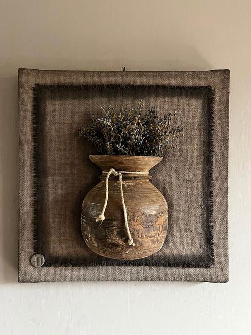 Wandpaneel met nepalpot, kalkdoek, landelijk doek, houten po, Huis en Inrichting, Woonaccessoires | Wanddecoraties, Nieuw, Ophalen of Verzenden
