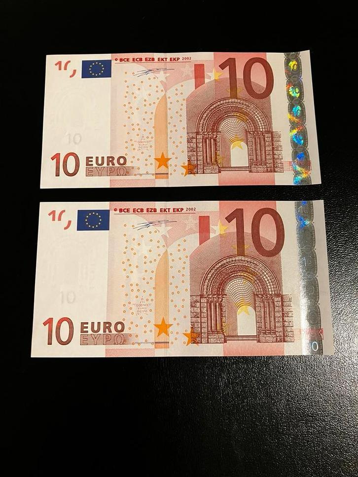 2x €10,- Duisenberg - Nederland (P) G007 - aUNC, Postzegels en Munten, Bankbiljetten | Europa | Eurobiljetten, Overige landen