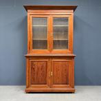 Antieke Belgische pitch pine schoolkast met ribbelglas oud, Ophalen