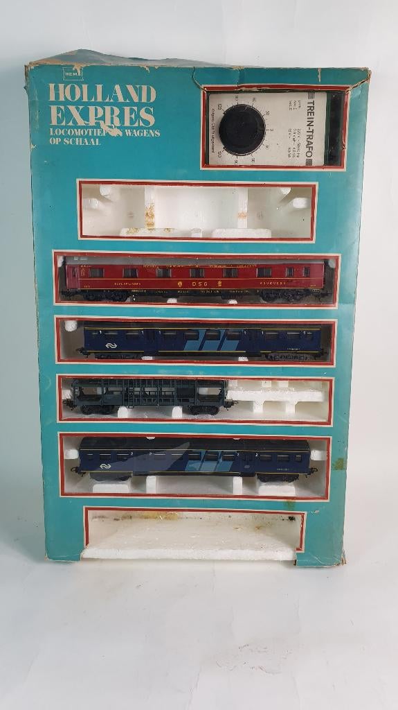 Hema Holland Express 4433 doos met treinwagons, 1975. S29, Tweedehands verkoop, Tweedehands verkoop, Wisselstroom, Gebruikt