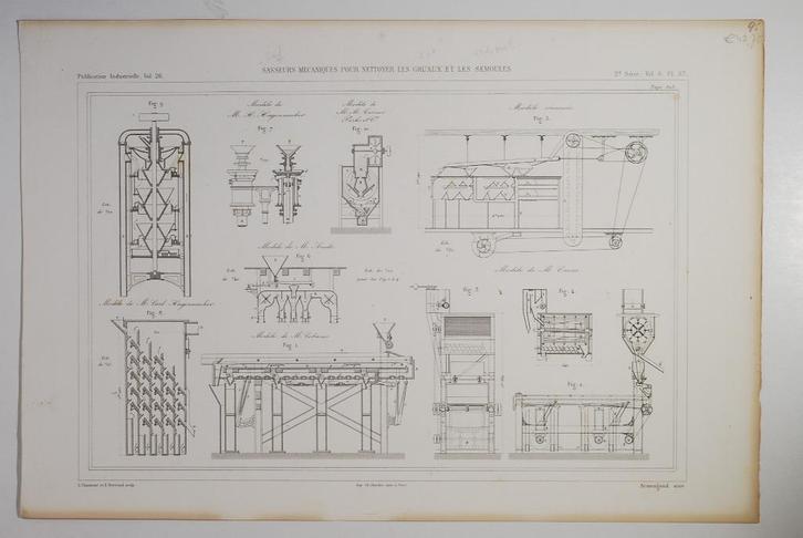 Mechanische zeef reinigen van grutten en griesmeel (1880), Verzamelen, Foto's en Prenten, Gebruikt, Voor 1940, Verzenden