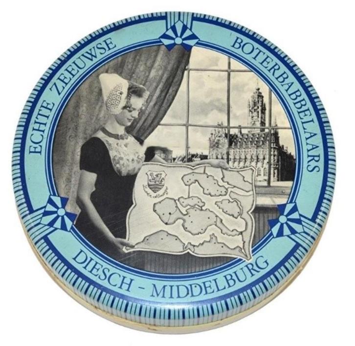 Vintage rond blik Echte Zeeuwse boterbabbelaars Diesch, Verzamelen, Blikken, Zo goed als nieuw, Overige, Ophalen