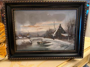 Antiek olieverf winterlandschap schilderij  beschikbaar voor biedingen
