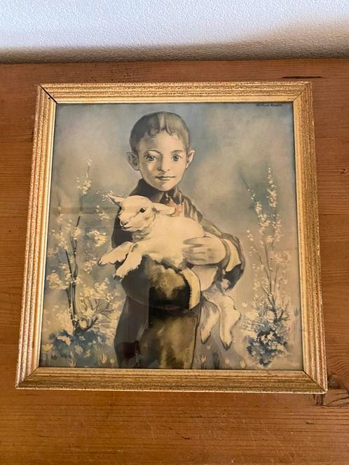 Oude lijst jongetje met lam - W A vd Walle, Huis en Inrichting, Woonaccessoires | Schilderijen, Tekeningen en Foto's, Gebruikt