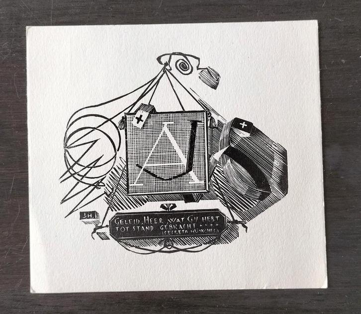 Exlibris A.J. (vervaardigd door Jos Hendrickx, België, 1946), Antiek en Kunst, Kunst | Etsen en Gravures, Ophalen of Verzenden