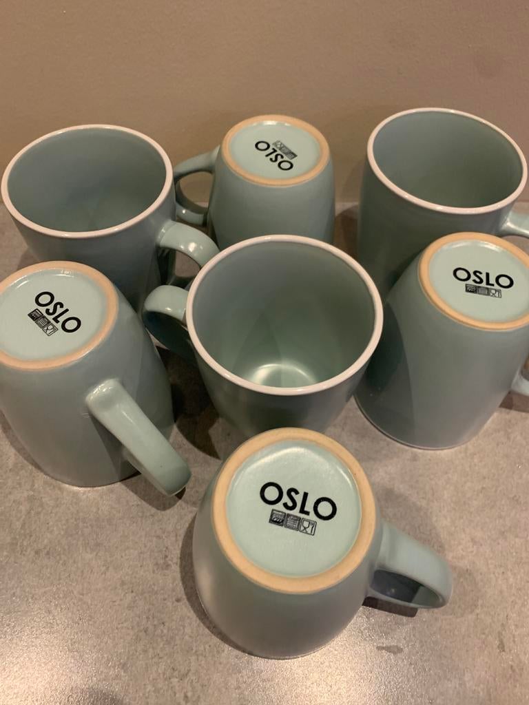 7 Blauwgroene Oslo Kwantum Mokken, Huis en Inrichting, Ophalen, Zo goed als nieuw, Effen, Kop(pen) en/of Schotel(s)