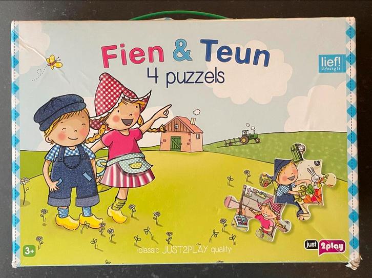 Fien en Teun Puzzels in Koffertje - 4 Stuks, Kinderen en Baby's, Speelgoed | Kinderpuzzels, Gebruikt, 4 tot 6 jaar, 10 tot 50 stukjes