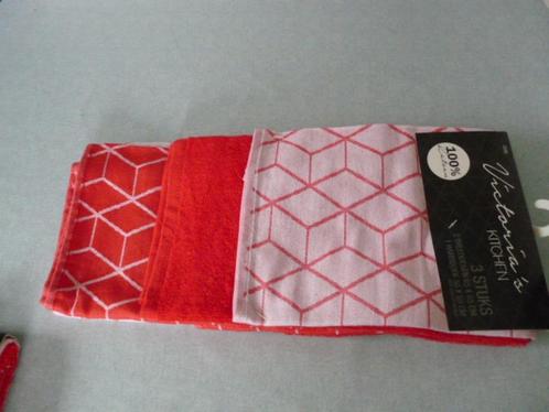 Theedoeken Keukendoekset - 1 keukenhanddoek en 2 theedoek, Huis en Inrichting, Keuken | Textiel, Nieuw, Theedoek of Handdoek, Rood