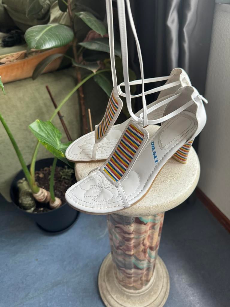 Diesel vintage leather colorful striped high heel sandals, Kleding | Dames, Verzenden, Zo goed als nieuw, Zwart
