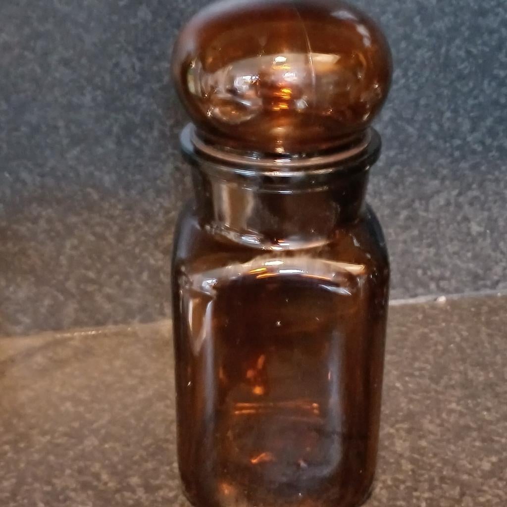 Bruine glazen apothekers pot met deksel, Ophalen of Verzenden