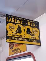 Dubbelzijdig antiek USA tin sign van LaReine Rex shoes., Reclamebord, Gebruikt, ., Ophalen of Verzenden