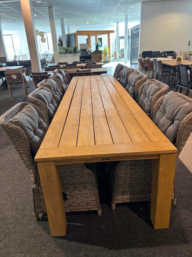 Teaktafel 4 meter met 10 verstelbare stoelen, Tuin en Terras, Tuinsets en Loungesets, Gebruikt, Eettafel, Meer dan 8 zitplaatsen