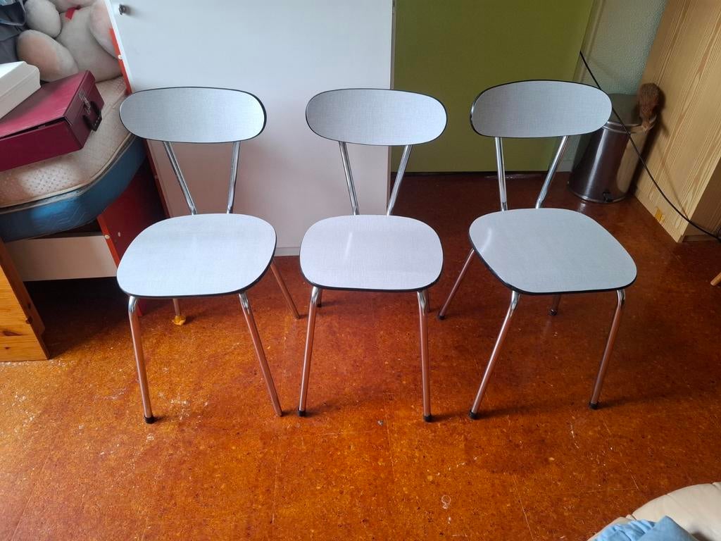 3x vintage Formica stoelen grijs/zwart, Huis en Inrichting, Stoelen, Ophalen, Gebruikt