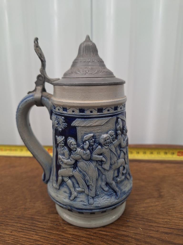 Vintage Bierpul met Reliëf en Tin Deksel, Ophalen of Verzenden