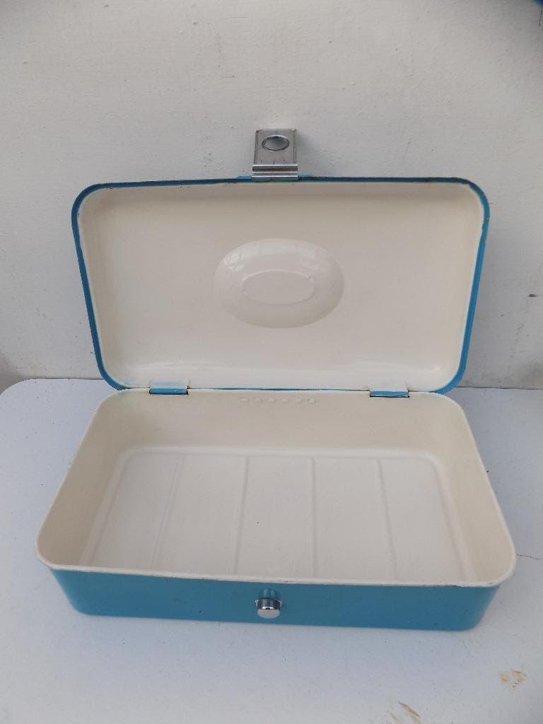 Vintage emaille broodtrommel blauw retro, Ophalen, Gebruikt