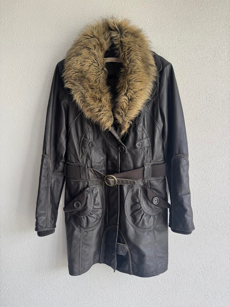 Vintage mooie bruine echt leren jas met imitatiebonten kraag, Vintage, Bruin, Vintage, Maat 42/44 (L)