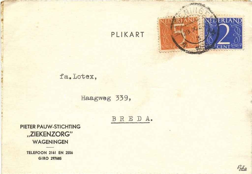 Pieter Pauw-Stichting Ziekenzorg, Wageningen - 10.1955 - pli, Postzegels en Munten, Brieven en Enveloppen | Nederland, Ophalen of Verzenden