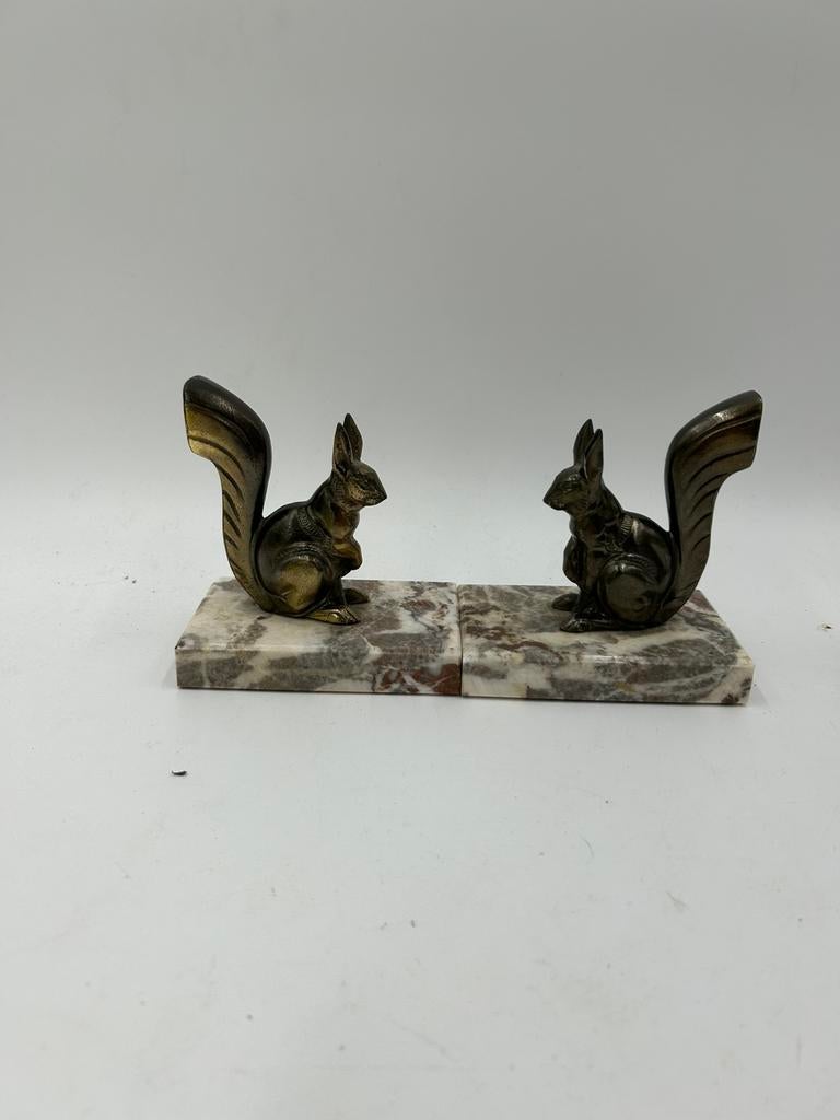 Set Art Deco Boekensteunen – Bronzen Eekhoorns op Marmer, Ophalen of Verzenden