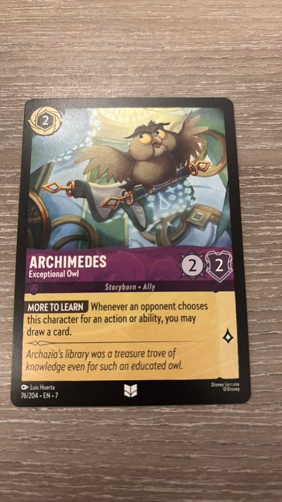 Disney Lorcana Archimedes exceptiona owl 76-204 7ARI nonfoil, Ophalen of Verzenden, Zo goed als nieuw, Losse kaart