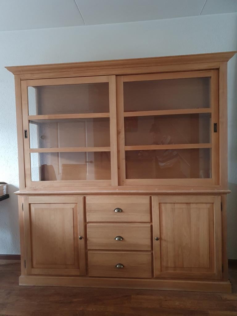Teak Houten buffetkast / vitrinekast, 2-delig, Huis en Inrichting, Kasten | Buffetkasten, Ophalen, Gebruikt, Met deur(en), 200 cm of meer