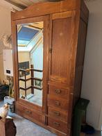 Antieke Eikenhouten Kledingkast met Spiegel en Laden, Ophalen, Gebruikt, 100 tot 150 cm, Eikenhout