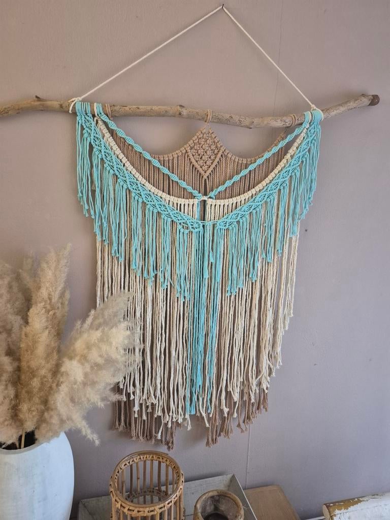 Grote macrame wandhanger, beige/turquoise, Ophalen
