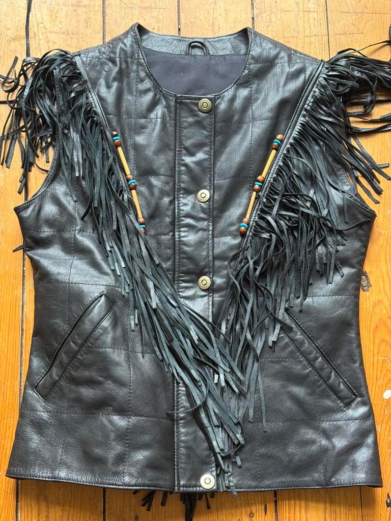 Leren western / bikers vest met franje maat M zgan, Motoren, Ophalen of Verzenden, Tweedehands